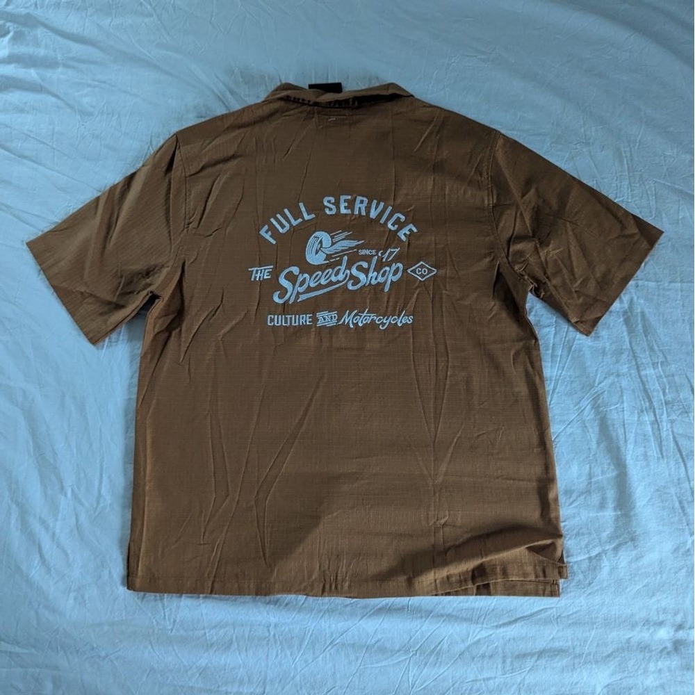 Lark & Owl Full Service‎ Speed Shop Graphic Camp Collar Shirt Brown Mens Sz M